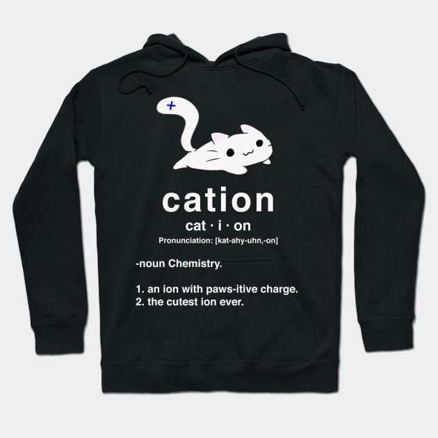 Cation. Cat with positive ion. Chemistry Pun. Hoodie by labstud